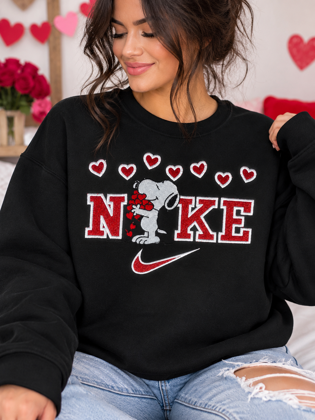 Snoopy Love Embroidered Crewneck Sweatshirt