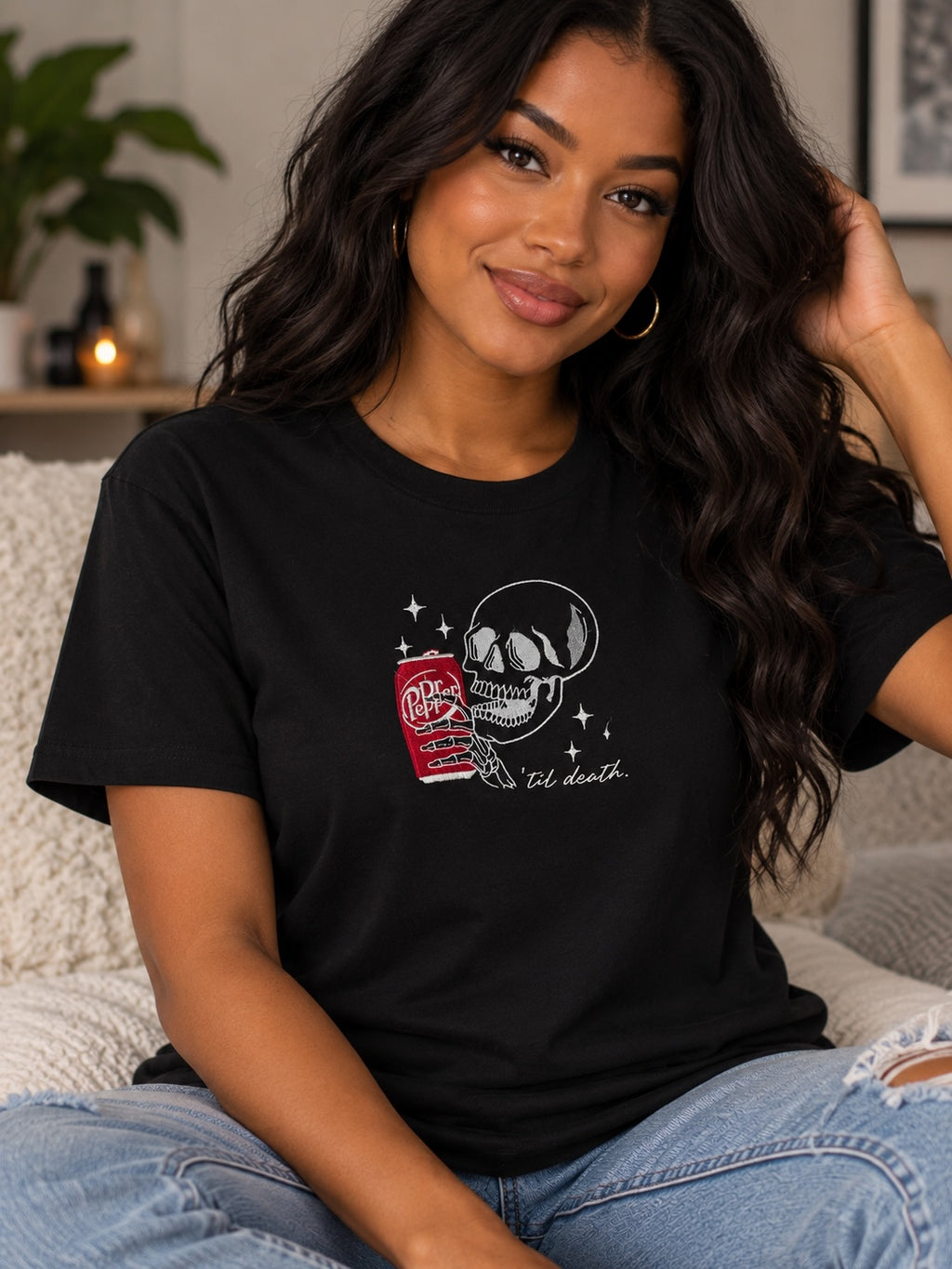 Untapped Innovations black cotton crew neck t-shirt featuring a skeleton hand holding a soda can and til death text.