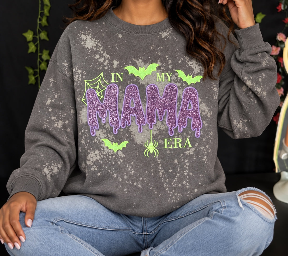 Untapped Innovations charcoal grey bleached crewneck sweatshirt with glittery purple MAMA text and neon green bats