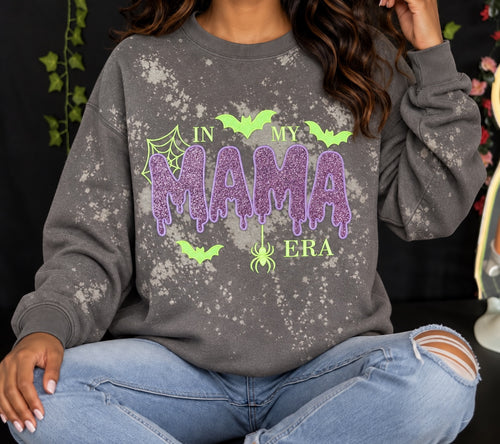 Untapped Innovations charcoal grey bleached crewneck sweatshirt with glittery purple MAMA text and neon green bats