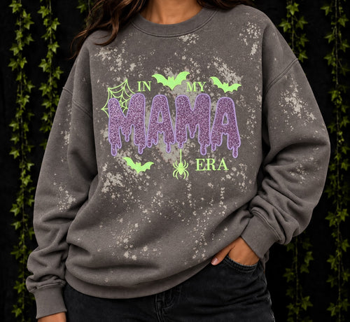 Untapped Innovations charcoal grey bleached crewneck sweatshirt with purple glitter MAMA graphic and neon green bats.