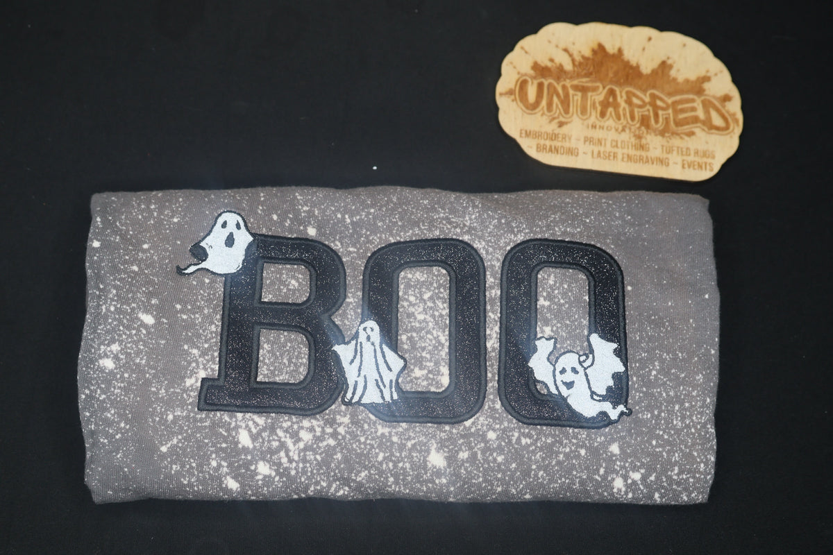 Untapped Innovations grey bleached-effect t-shirt with embroidered BOO text and playful ghost characters