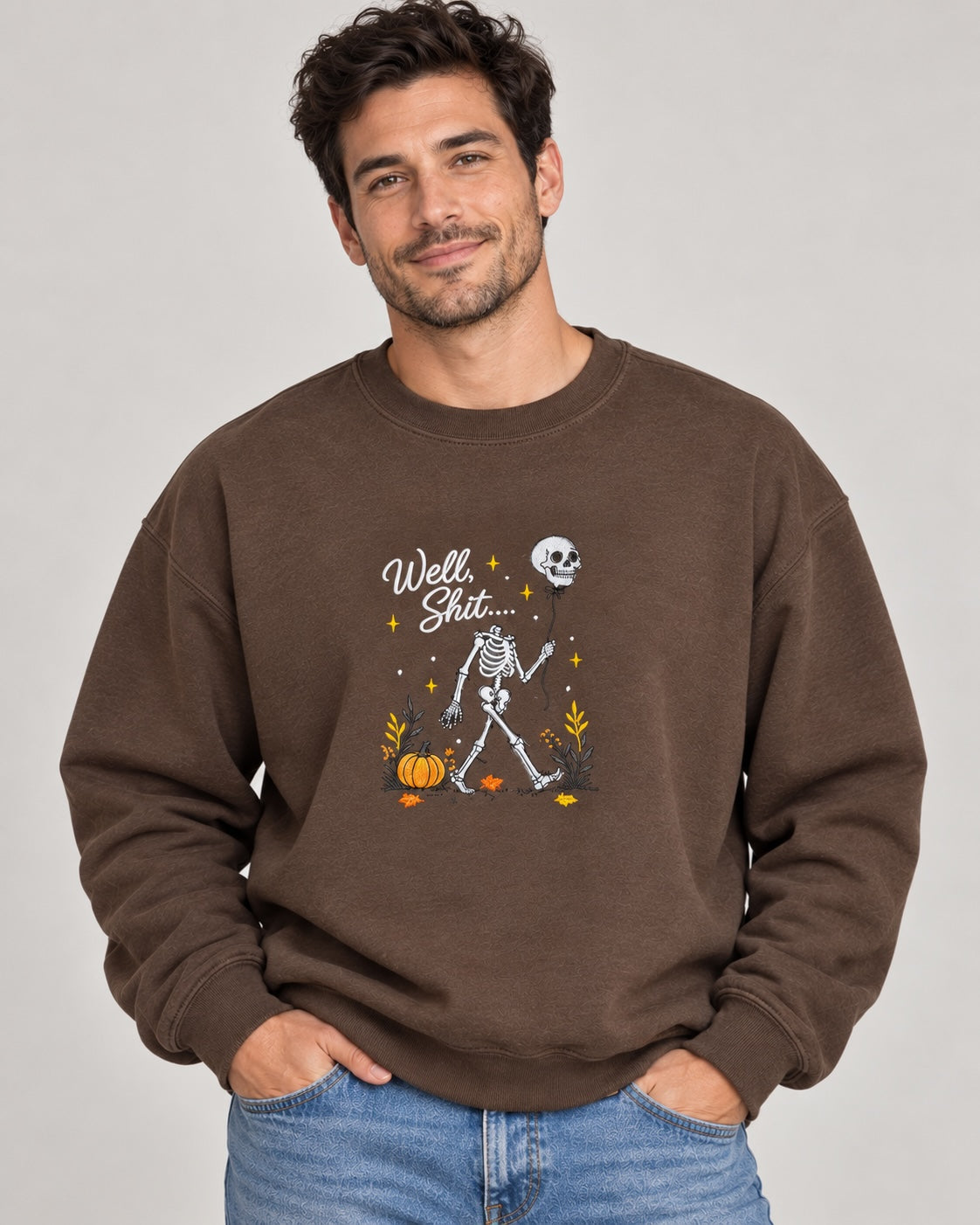 Untapped Innovations chocolate brown crewneck sweatshirt featuring a skeleton graphic with a balloon and pumpkin