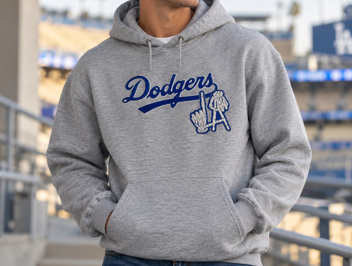 Untapped Innovations heather grey Los Angeles Dodgers graphic pullover hoodie with kangaroo pocket and drawstring hood