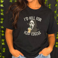 Untapped Innovations black cotton crew neck t-shirt with embroidered Ghostface drinking iced coffee graphic