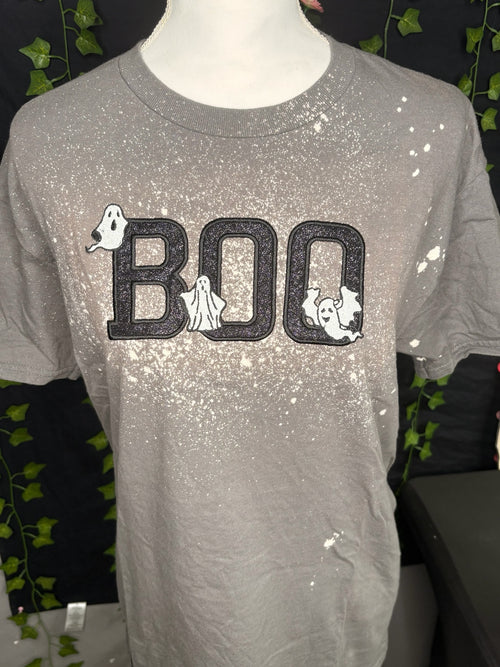 Untapped Innovations grey bleached-effect t-shirt with embroidered BOO text and playful ghost characters.