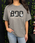 Untapped Innovations grey bleached-effect t-shirt with embroidered BOO text and cute ghost graphics