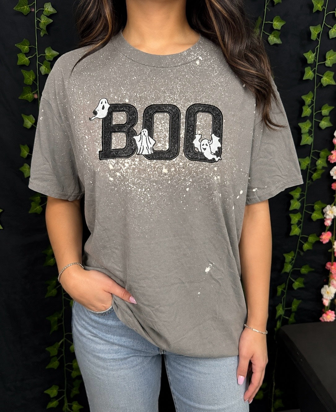 Untapped Innovations grey bleached-effect t-shirt with embroidered BOO text and cute ghost graphics