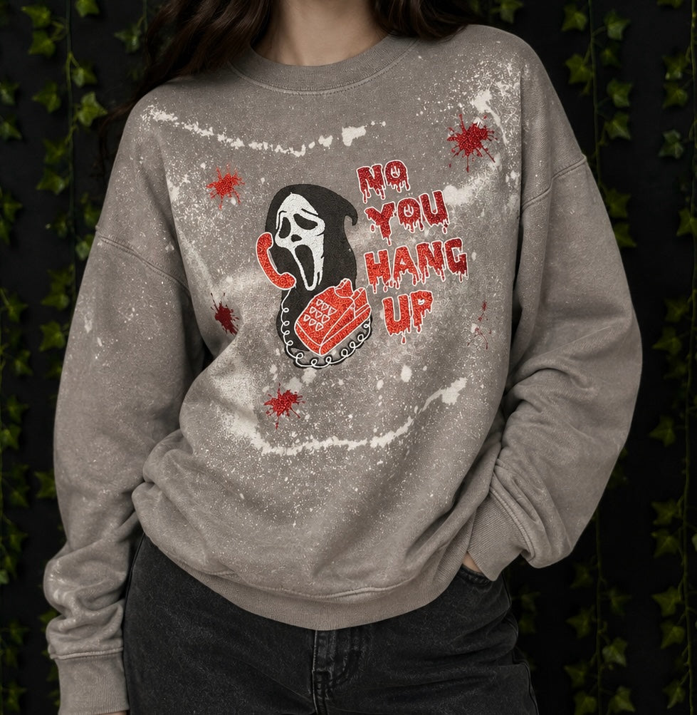 Untapped Innovations horror movie crewneck with bleached grey finish, red glitter graphic, and blood splatter design.