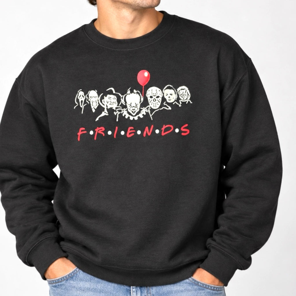 Untapped Innovations black crewneck sweatshirt featuring a horror movie character graphic with a red balloon