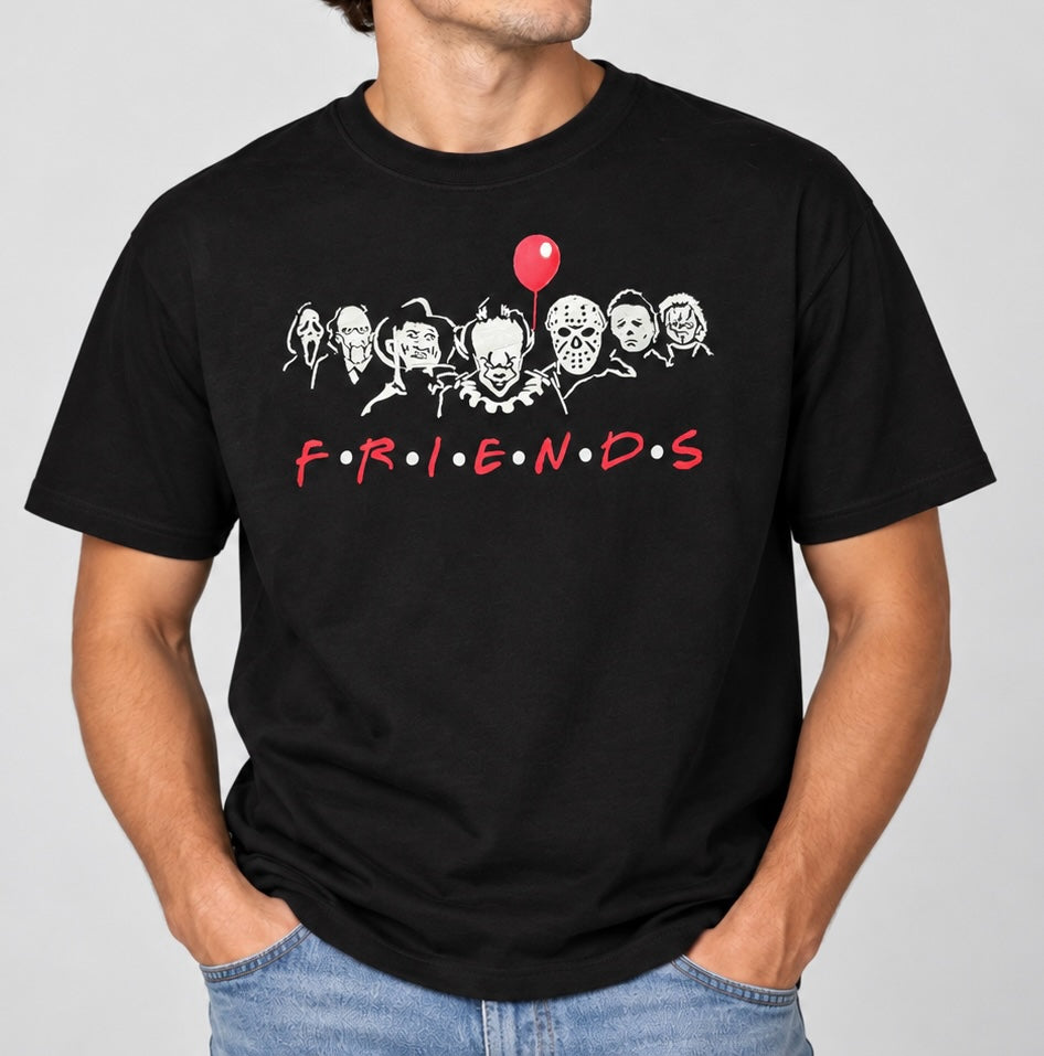Untapped Innovations black cotton crewneck t-shirt featuring a horror movie villain graphic and a red balloon.