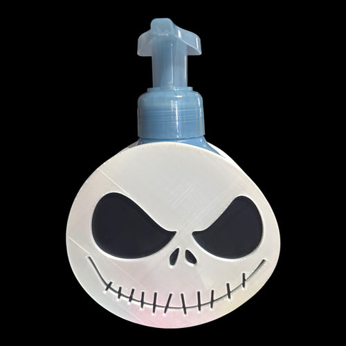 Untapped Innovations 3D-printed white Jack Skellington soap dispenser holder with a light blue foaming soap bottle.
