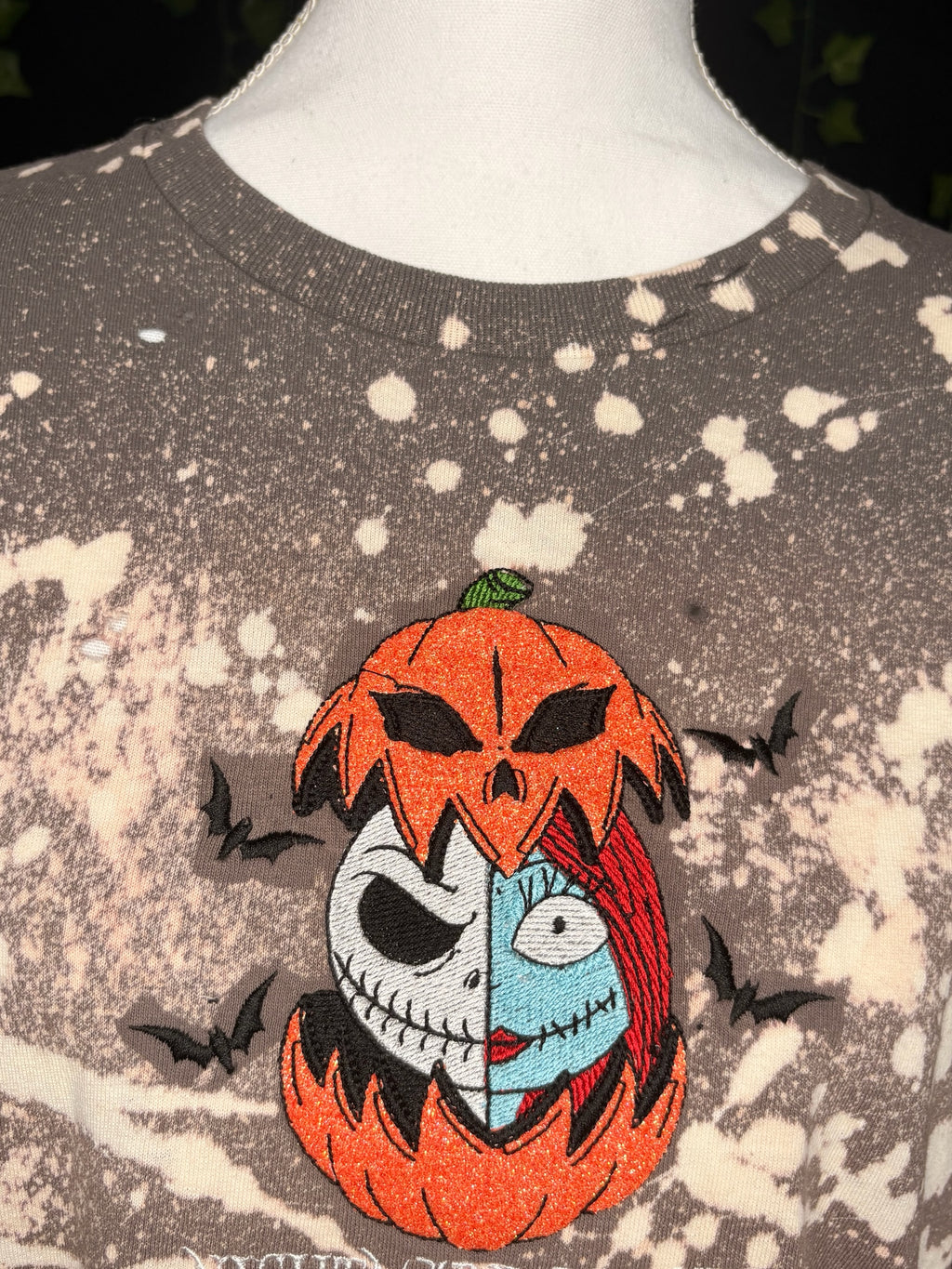 Untapped Innovations Nightmare Before Christmas bleached t-shirt with embroidered Jack and Sally pumpkin design
