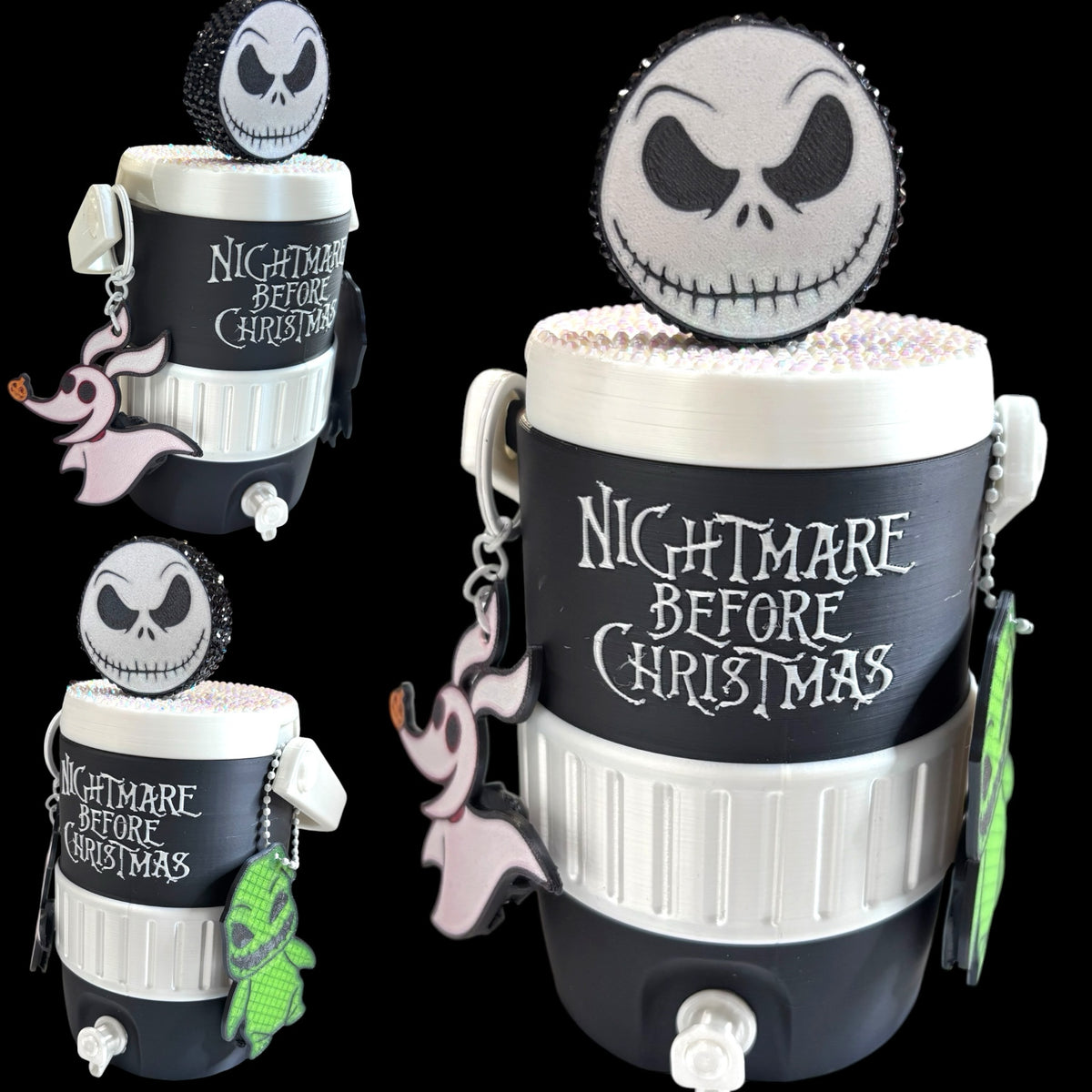 Untapped Innovations Nightmare Before Christmas insulated beverage cooler with Jack Skellington topper and charms.