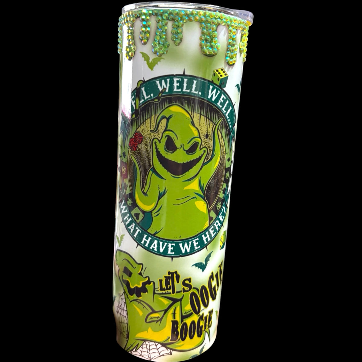 Untapped Innovations Oogie Boogie insulated stainless steel tumbler with green rhinestone drip and character art.