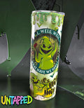 Untapped Innovations Oogie Boogie themed stainless steel tumbler with green character art and rhinestone drip rim.