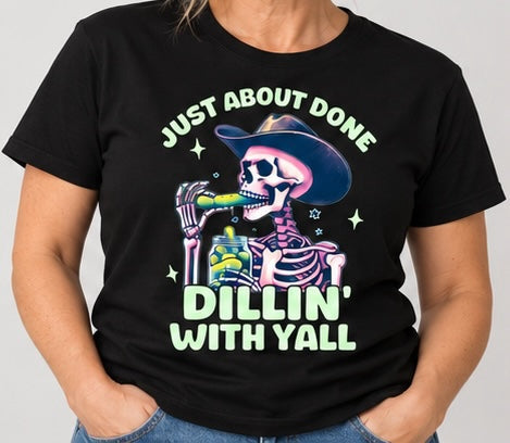 Untapped Innovations black crewneck t-shirt featuring a skeleton cowboy eating a pickle with Dillin With Yall text.