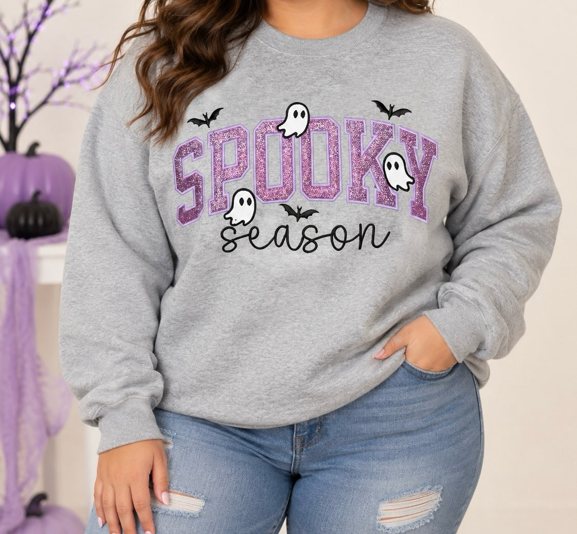 Untapped Innovations heather grey crewneck sweatshirt with purple glitter Spooky Season graphic, ghosts, and bats.