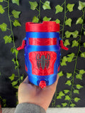 Untapped Innovations superhero themed insulated beverage dispenser in red and blue with a spider emblem and web pattern.