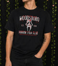 Untapped Innovations black crewneck t-shirt featuring a Woodsboro Horror Film Club embroidered graphic design